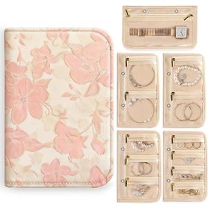 Travel Jewelry Organizer Booklet, A5 Portable Jewelry Case with 5 Pages & 12 Zippered Compartments, Removable Pages with PVC Windows for Necklaces Rings Earrings (Pink Butterfly)