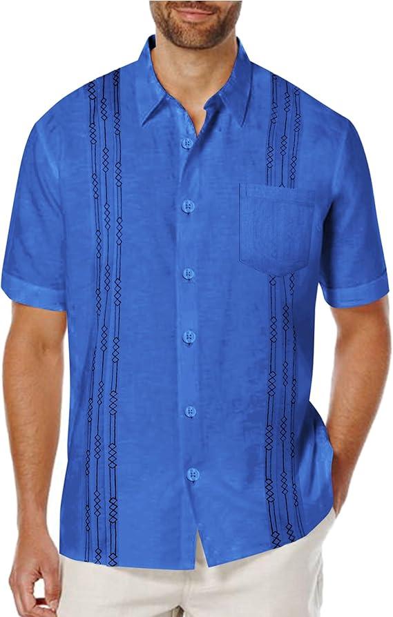 COOFANDY Mens Cuban Guayabera Shirt Short Sleeve Linen Button Down Shirts Casual Summer Beach Tops, Size:XXL