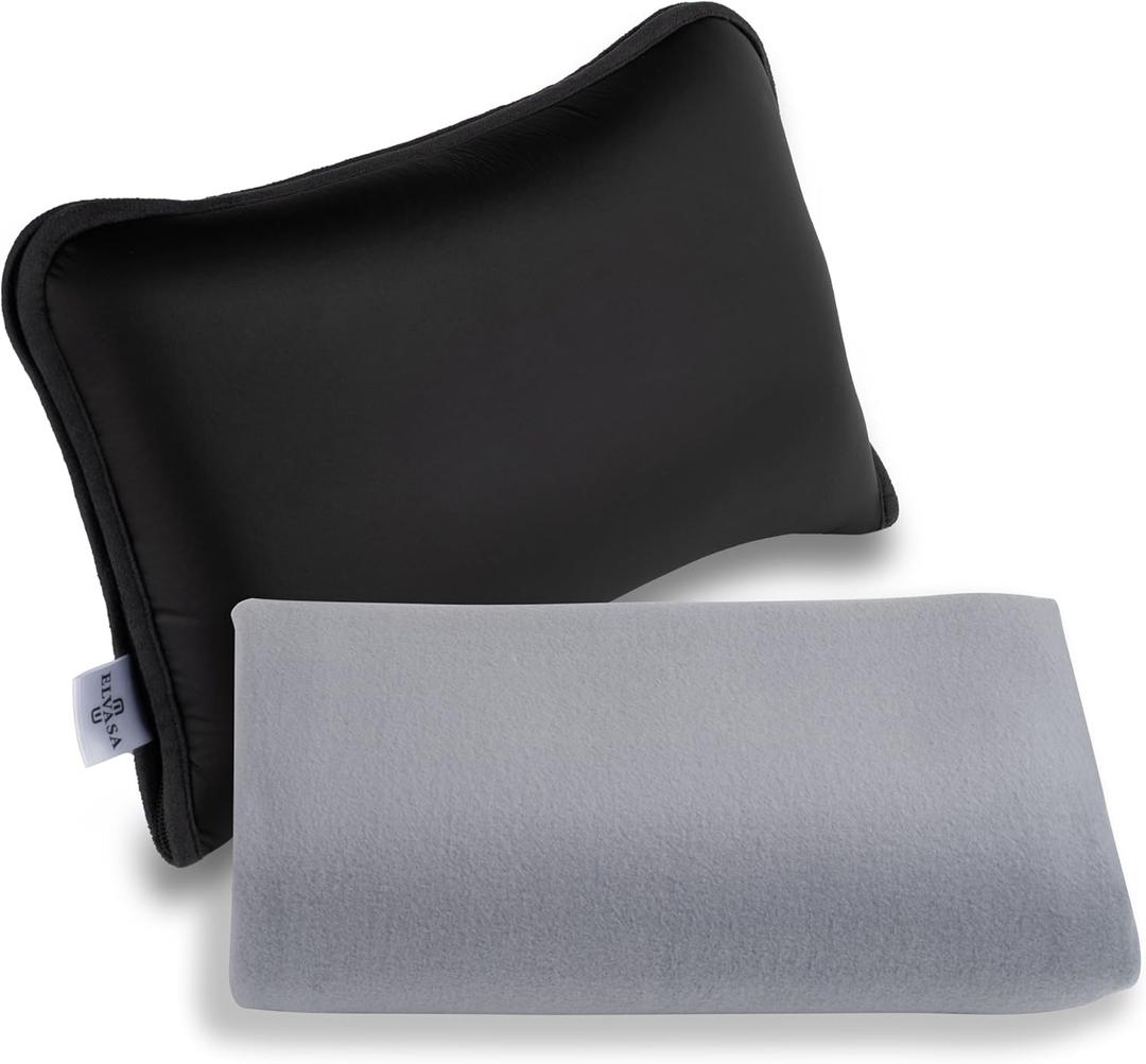Elvasa Travel Blanket and Pillow Set  Compact Lightweight Throw for Train, Car  Small, Portable Fleece  Long Flight Must Haves  Airplane Comfort Kit  Multi-Use Quillow for Travel (Black)