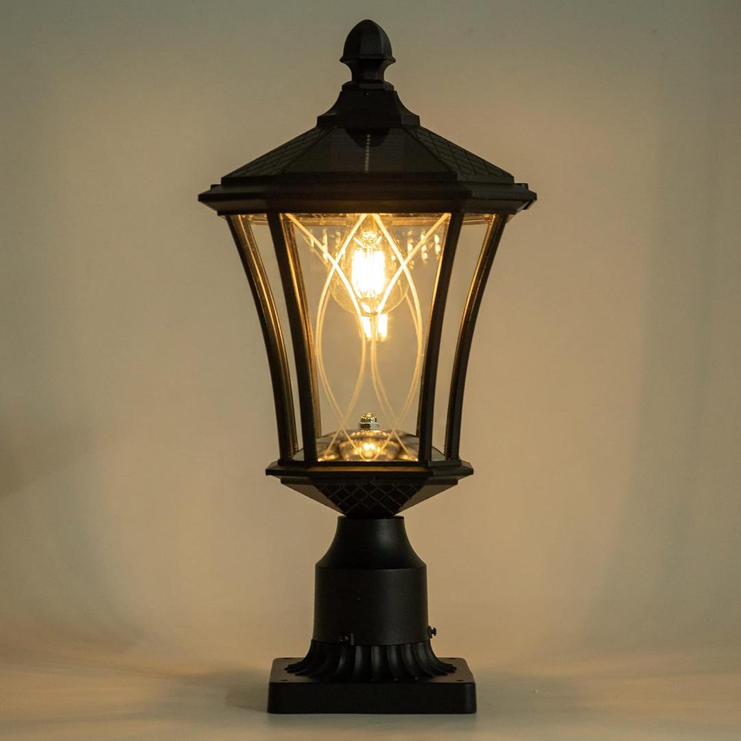 LUTEC Outdoor Solar Lamp Post Light with Pier Mount Base, Dusk to Dawn Waterproof Pole Light Head with Patterned Glass, Exterior Black Solar Powered Fence Post Light Fixtures for Outside (Head+Base)