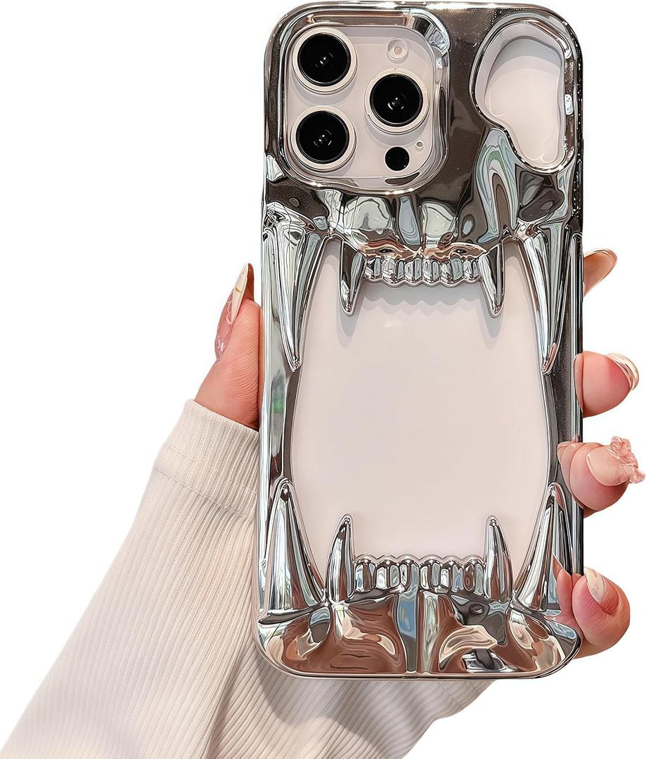Gothic 3D Hollow Horror Devil Pattern Case for iPhone 12 Pro, [Luxury Chrome Color Plating] [Heat Dissipantion Thermal Design] Shockproof Bumper for Halloween- Silver