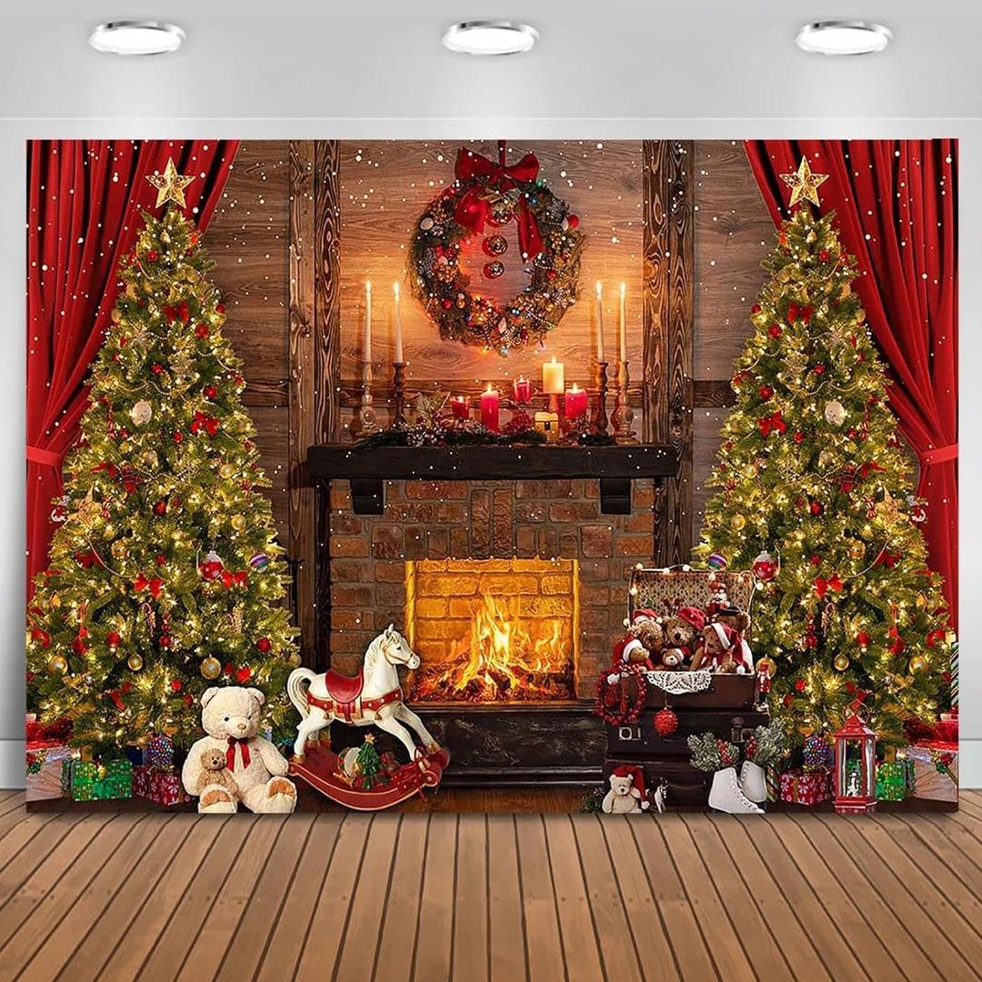 Mocsicka 10x8ft Christmas Backdrops for Photography - Vintage Fireplace, Xmas Tree, Toy Bear & More for Family Holiday Party Supplies