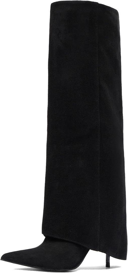 NEWBELLA Women's Suede Knee High Boots - Slip-On Trouser Boots Stiletto Heel, Casual Versatile Tall Boots for Fall & Winter Fashion