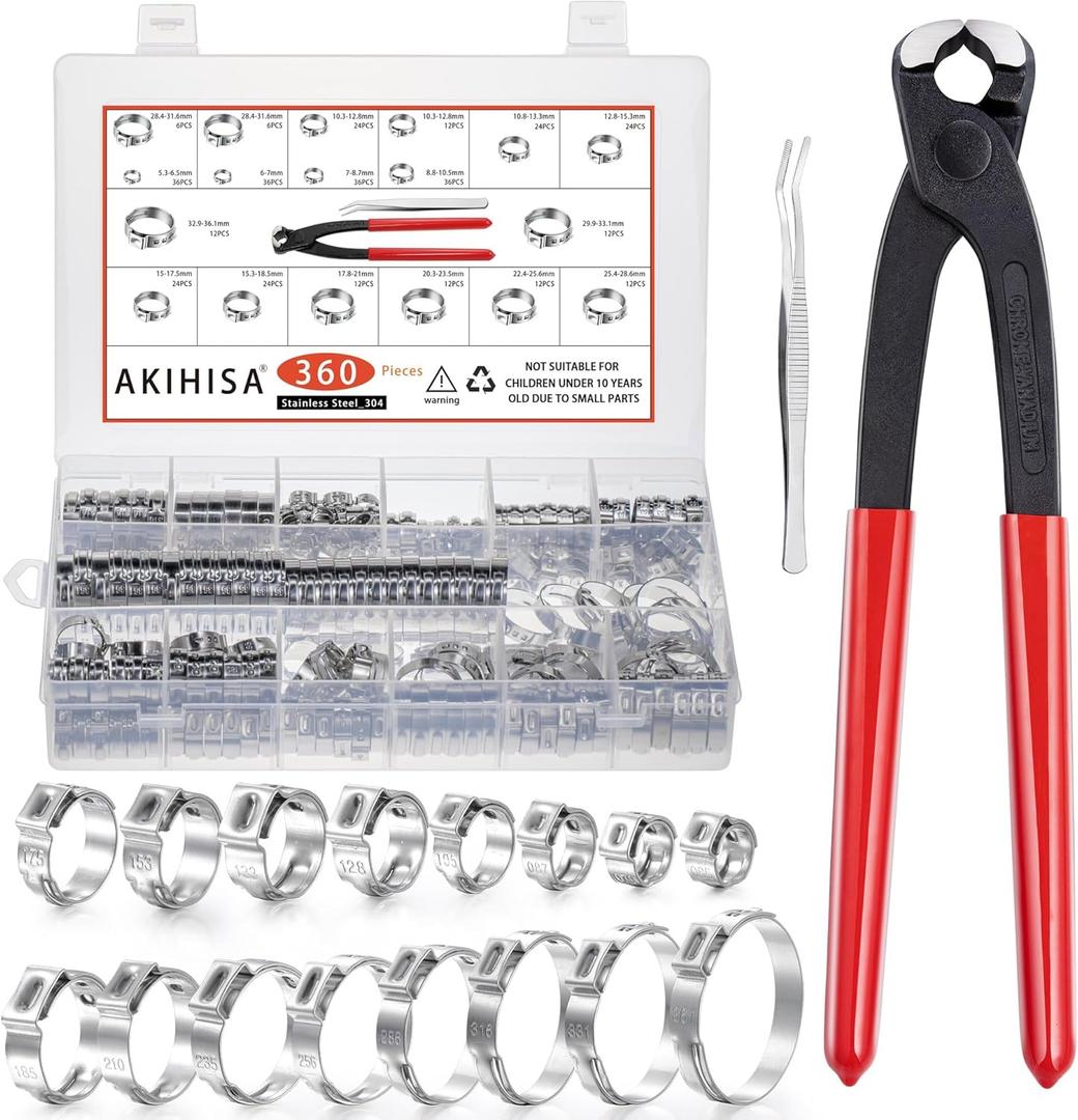 AKIHISA 360Pcs 16 Sizes Single Ear Hose Clamps, 5.3-36.1mm Stainless Steel_304 Crimp Hose Clamps Cinch Rings Assortment Kit for Automotive, Pipe, Plumbing