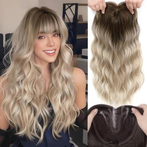 Hair Toppers for Women, 20 Inch Hand Tied Breathable Toppers Hairpieces for Women with Thinning Crown Wispy Bangs Mix Human Hair Wavy Curly Lightweight Wiglets (Beig Brownwith Dark Root)