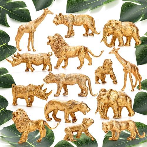 ZENFUN 26 Packs Gold Jungle Animal Figures, 14 Pcs Animals Models and 12 Pcs Faux Tropical Palm Leaves, Plastic Zoo Animal Figure with Elephant Lion Giraffe Orangutan Rhinoceros Cheetah Leopard