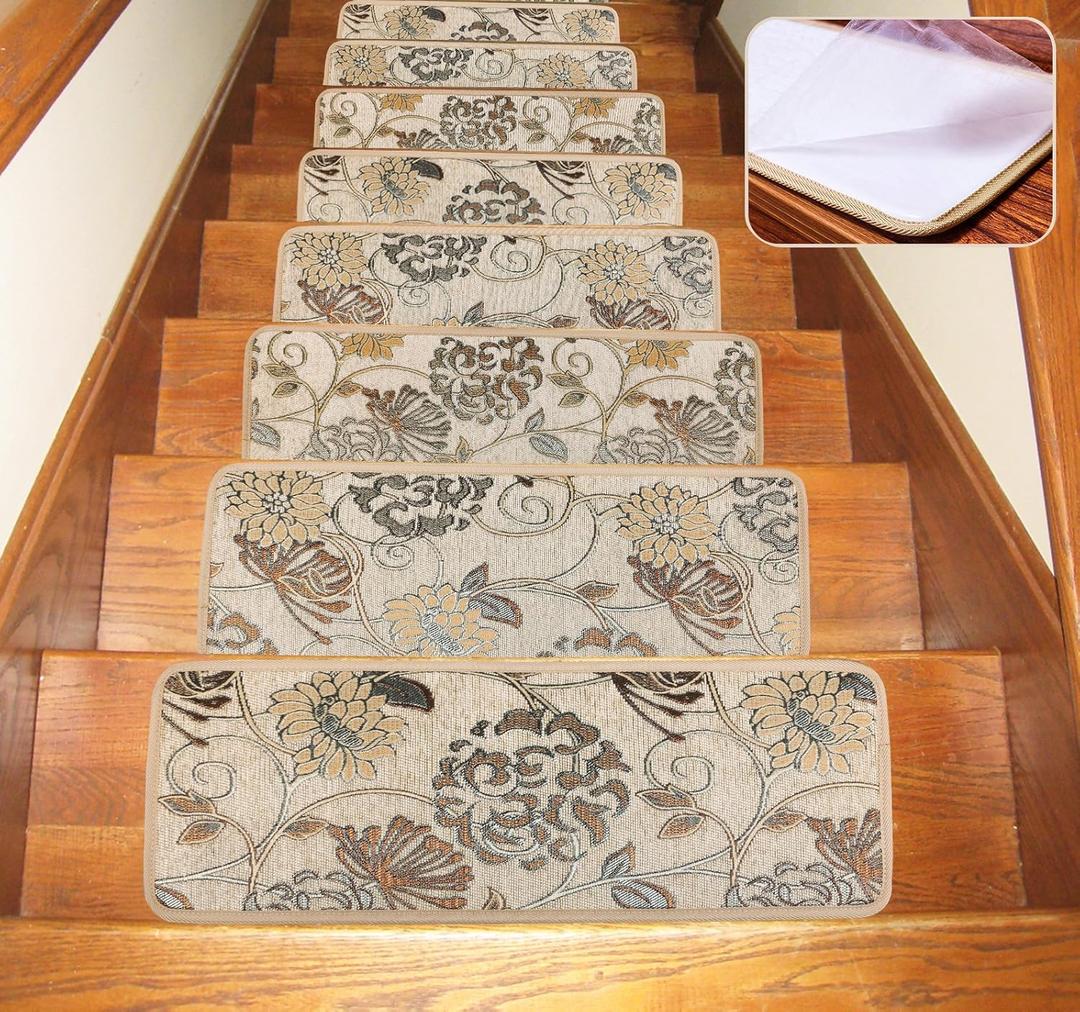 Seloom Washable Non-Slip Stair Treads Carpet with Skid Resistant Rubber Backing Specialized for Indoor Wooden Steps (25.5x9.5 Inch, 13Pieces, BeigeFlower)