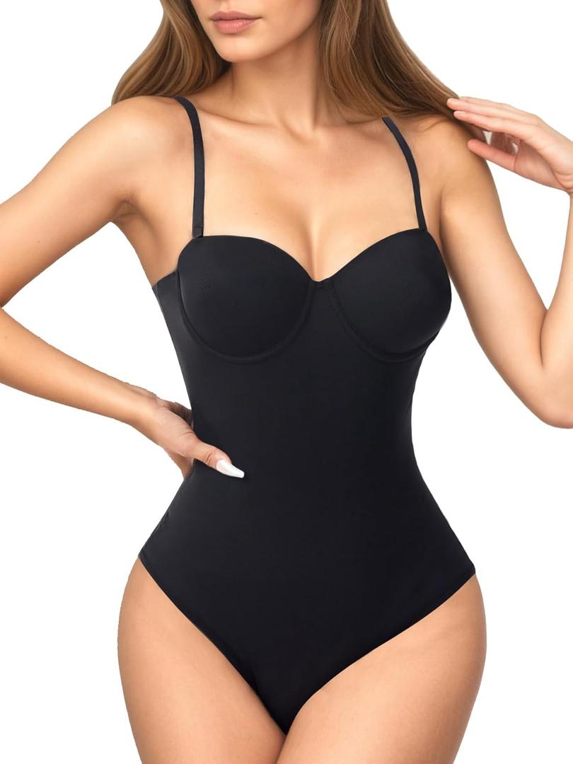 Women's Strapless Body Shaper Tummy Control Waist Push-Up Bodysuit with Cups and Detachable Straps Shapewear L