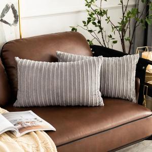 UGASA Pack of 2, Velvet Pillow Covers Striped, Soft Textured Throw Cushion Case Set, Accent Corduroy Lumbar Pillowcases with Hidden Zipper for Home Decor Indoor Outdoor (12"x20", Light Grey)
