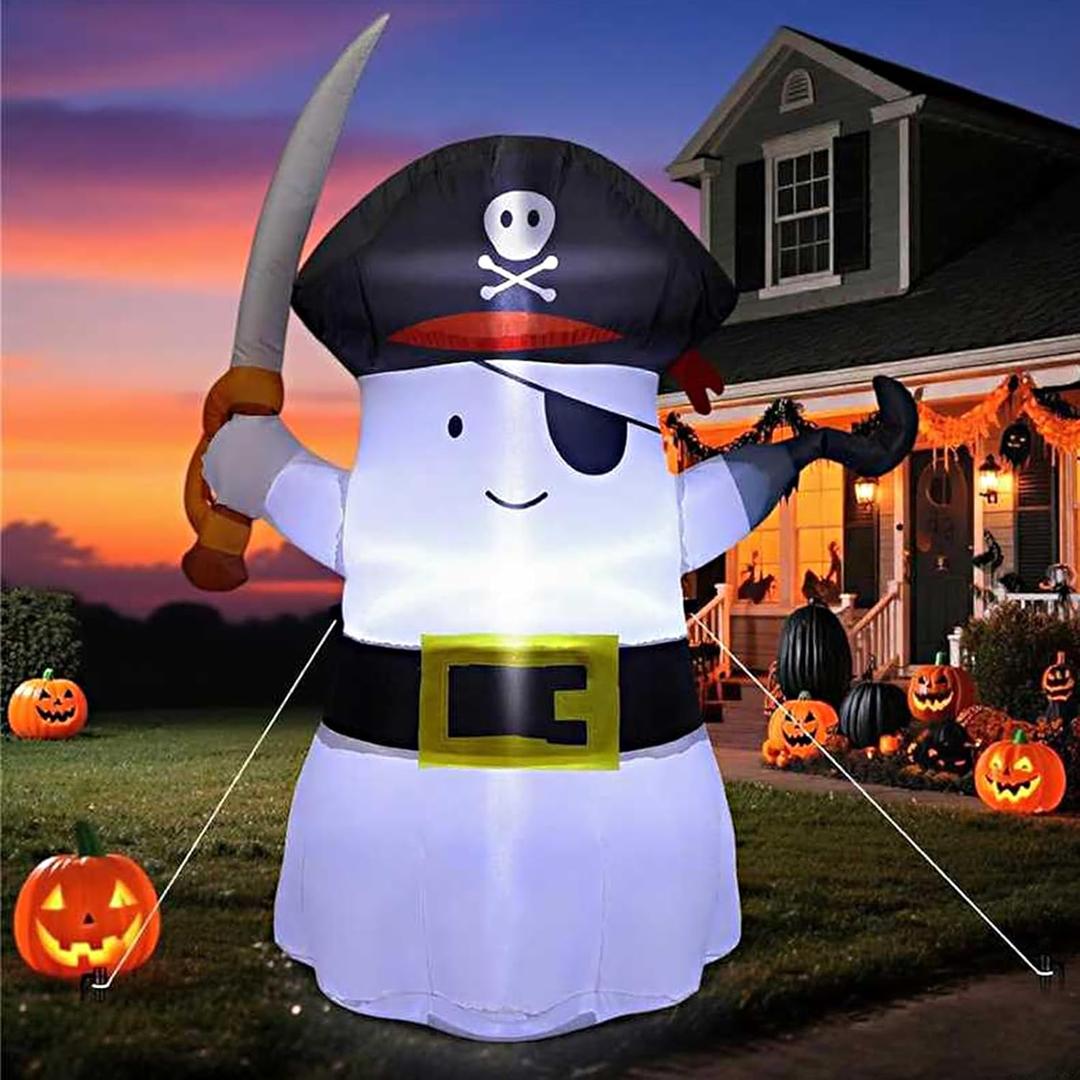 4FT Long Halloween Inflatables Pirate Ghost Outdoor Decorations with Built-in LED Lights Halloween Blow ups for Party, Garden, Yard, Lawn Decor