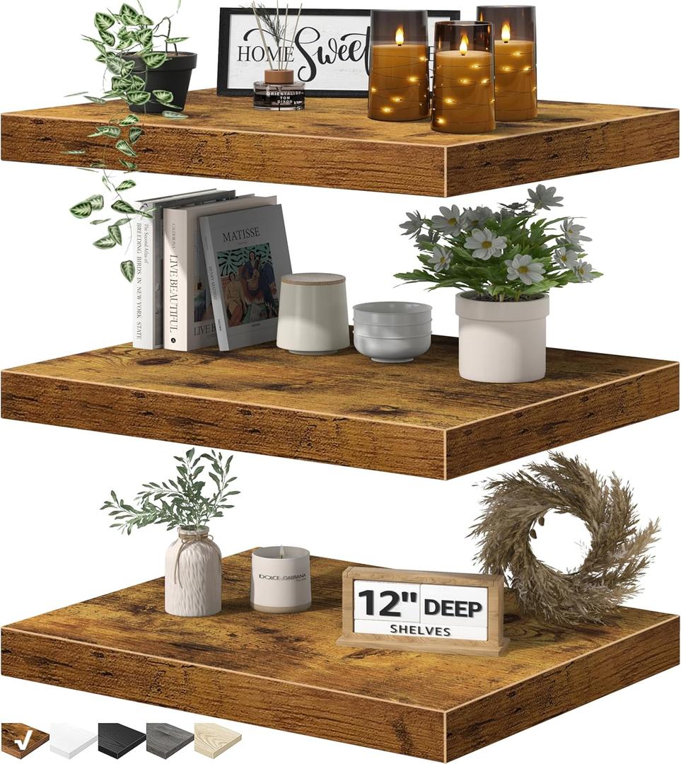 QEEIG 12" Deep Floating Shelves for Wall  12 x 16 inch Book Shelf Bathroom Bedroom Kitchen Living Room Hanging Bookshelf Farmhouse Set of 3, Brown (02640BN3)