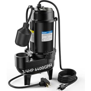 Acquaer Sewage Pump Submersible Water Pump with Automatic Float Switch, for Sump Basin, Residential Sewage, Black, 2'' NPT 3/4 HP 6400 GPH