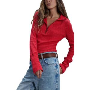 Womens Casual Pullover Sweaters Ribbed Knit Tops Fall (Red, XS)