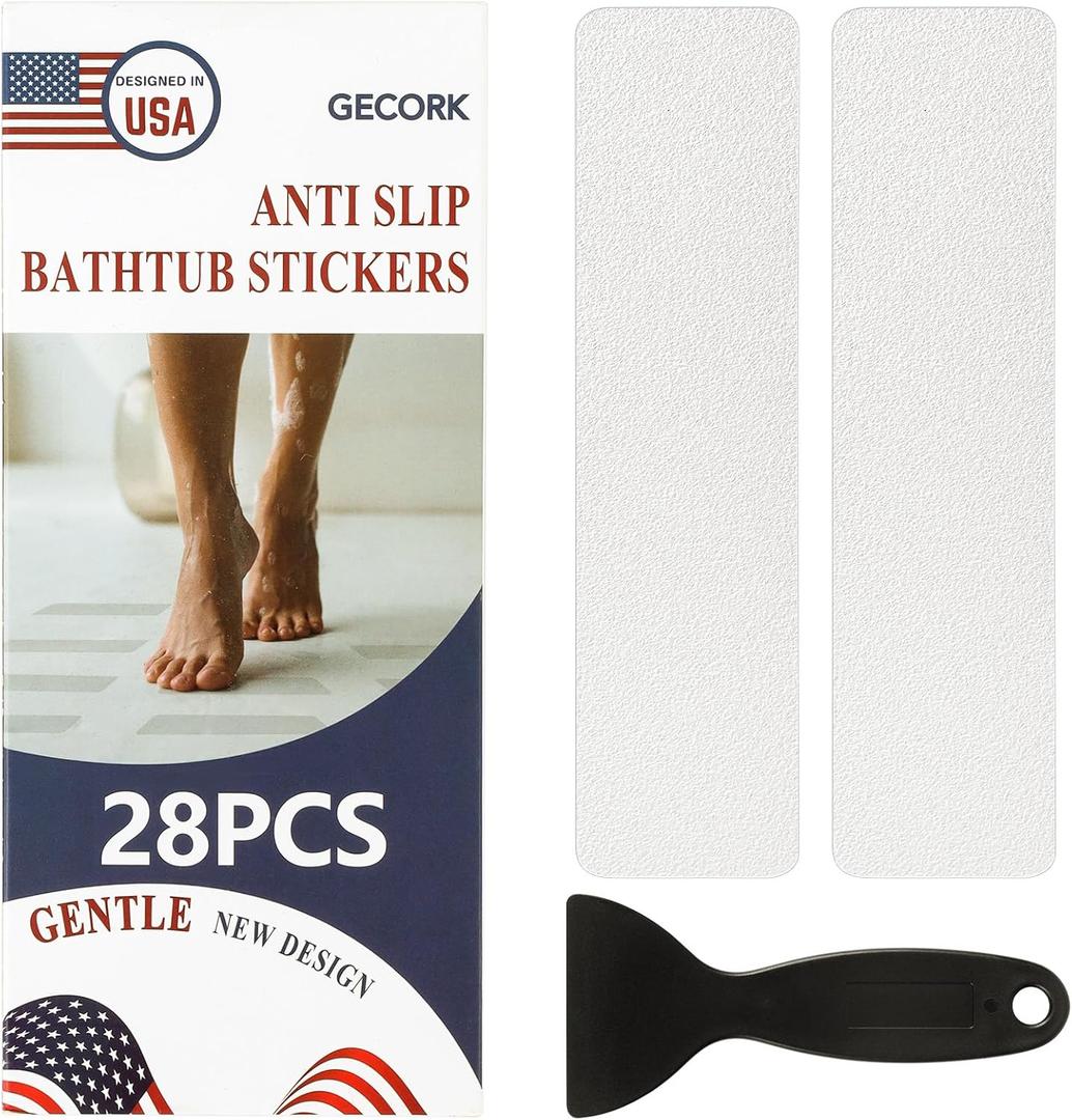 28 PCS Shower Floor Non Slip Stickers with Strong Adhesive, Invisible & Durable Anti Slip Shower Stickers with Scraper for Bath Tub, Pools and Stairs,Wide Rectangle
