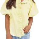 Tankaneo Womens Short Puff Sleeve Button Down Shirts Summer Ruffle Striped Work Tops Stand Collar Trendy Casual Loose Blouse Size L