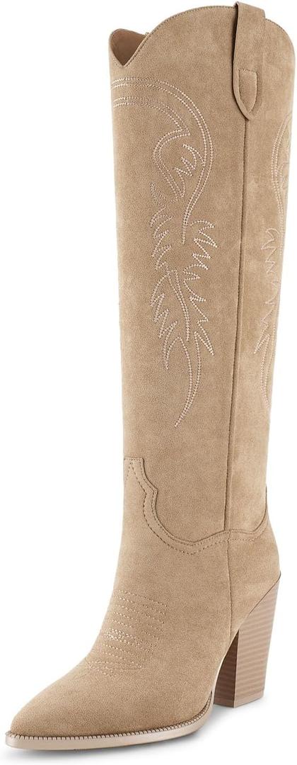 ISNOM Women's Cowgirl Boots Pull On Knee High Boots, Cowboy Western Embroidered Chunky Block Heel Pointed Toes Boots, US 7