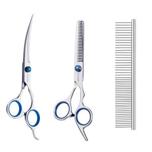 CADABY Dog Grooming Scissors,3 in 1 Dog Scissors with Safety Tips, Professional Stainless Steel Thinning Shears, Curved Pet Grooming Scissors Kit