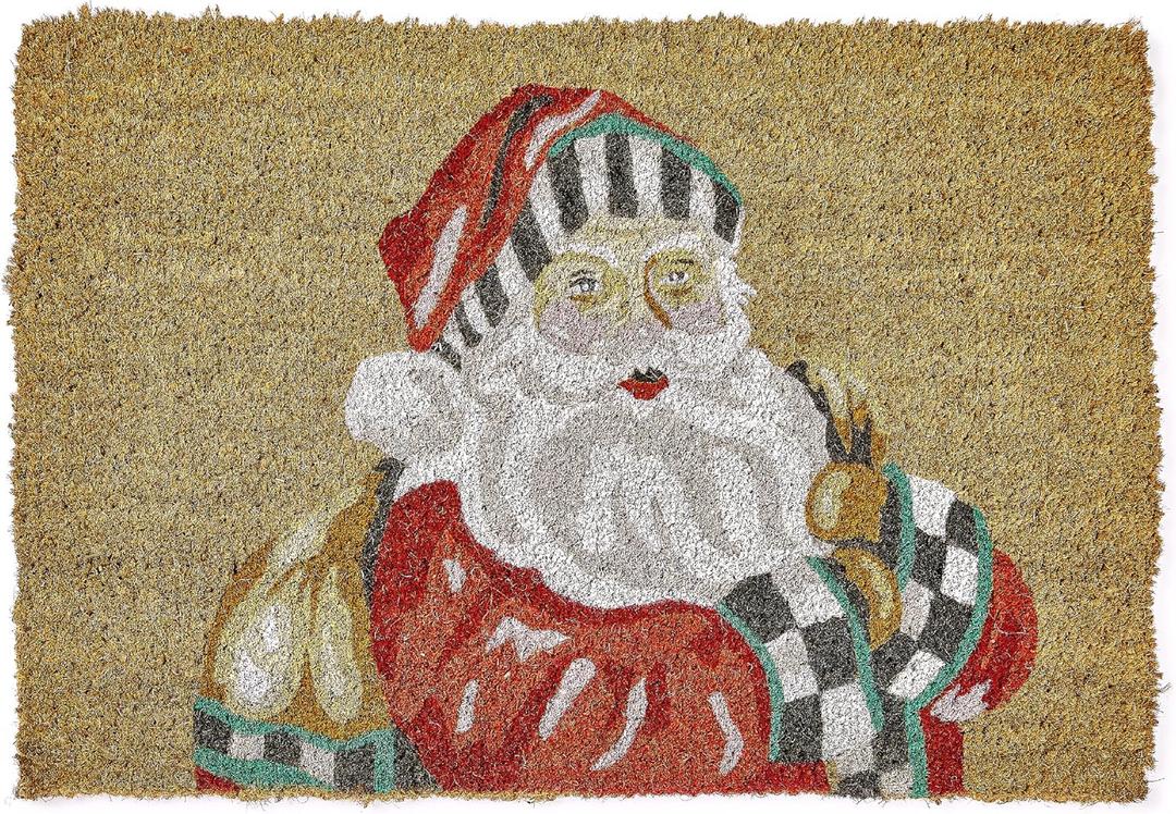 MACKENZIE-CHILDS Entrance Mat, Decorative Outdoor Front Door Mat for Christmas, Coir Door Mat, 24" x 36", Santa with Presents