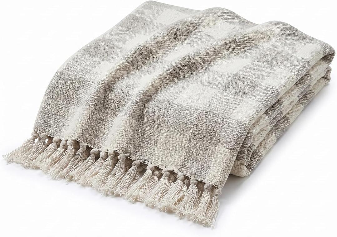 Americanflat 50x60 Throw Blanket - Soft and Breathable Cotton Throw Blanket for Couch, Bed, Chair - Decorative Blankets Perfect for Home, Office, or Outdoor Use - Cream and Beige Plaid Design