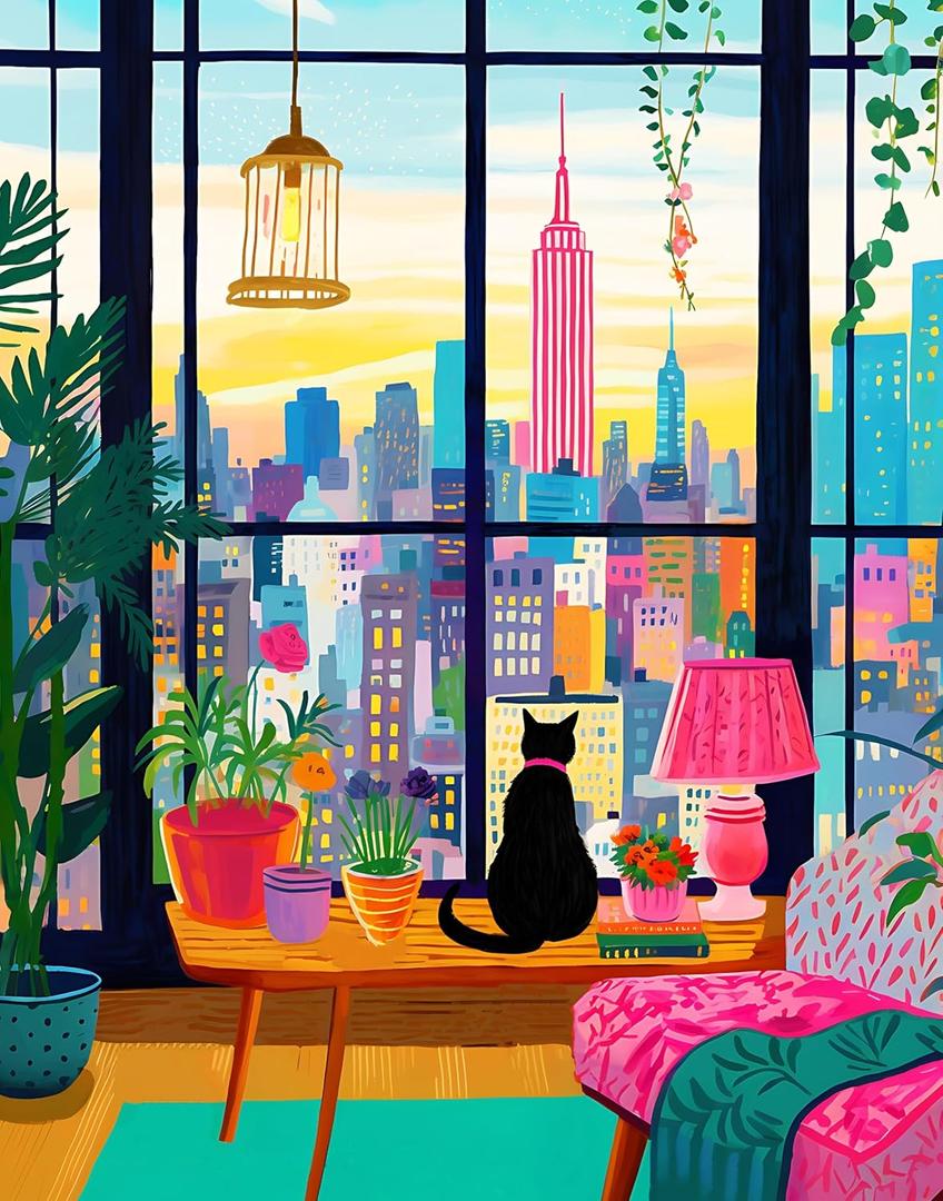 Puzzle for Adults 1000 Pieces, Cat in New York, Colorful Relaxing Jigsaw Puzzle, Mate Finish, Poster Included 1000 piece Puzzle for Adults, Stress Relief Art Puzzle.