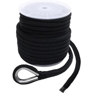 NovelBee 1" Anchor Line 150',Double Braid Nylon Rope with Thimble (Black)