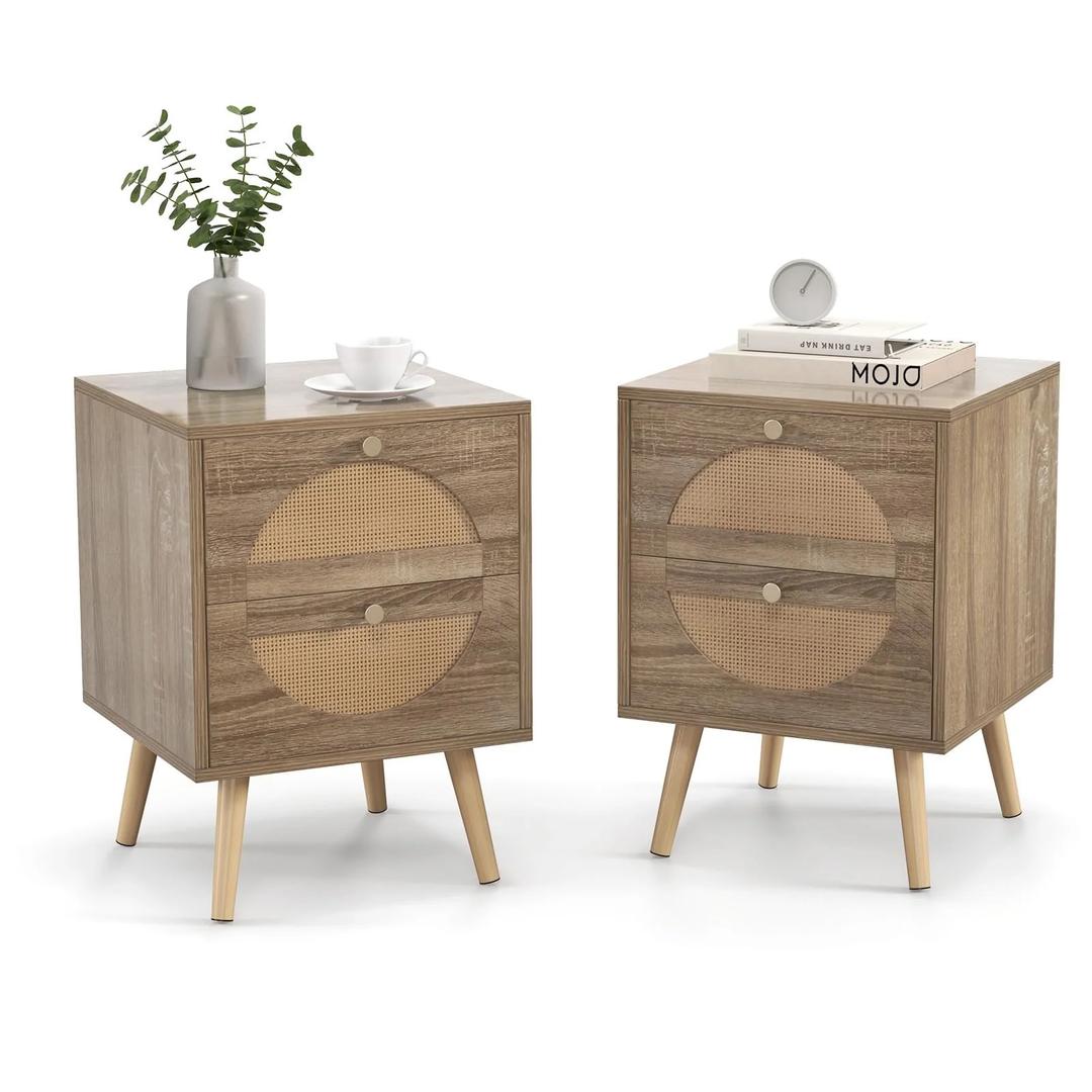 Giantex Rattan Nightstand Set of 2, Boho Bedside Tables with 2 Rattan Drawers