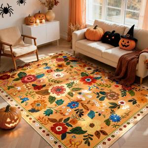 Floral 5x7 Area Rug Machine Washable Soft Print Boho Carpet Non Slip Doormat Low Pile Flower Area Rugs for Living Room Bedroom Nursery Kitchen Dining Room Indoor-Yellow/Orange