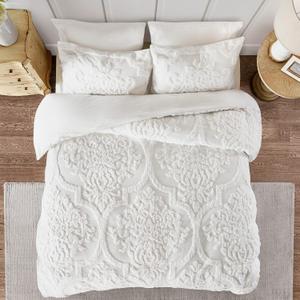 Madison Park Tufted Chenille 100% Cotton Duvet Modern Luxe All Season Comforter Cover Bed Set with Matching Shams, Full/Queen(90"x90"), Damask Off White 3 piece