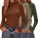 3 Pack Women's Mock Neck Thermal Tops Long Sleeve Cotton Ribbed Knit Turtleneck Shirts Slim Fitted Casual Base Layer (Medium, Army Green, Khaki, Caramel)