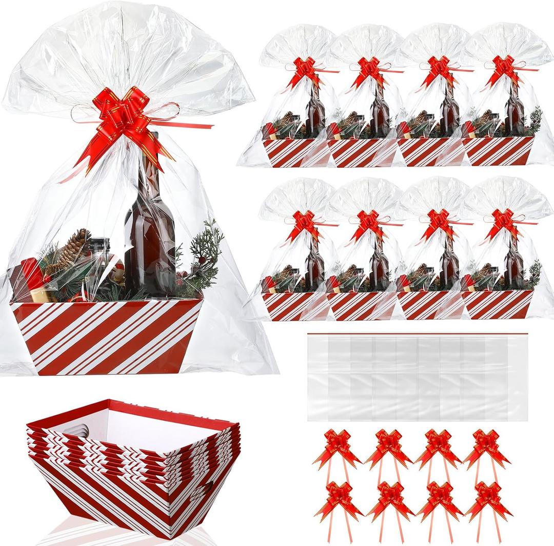 Kolldenn 24 Pcs Christmas Empty Gift Basket Bulk to Fill for DIY 8" x 10" Candy Cane Striped Gift Basket Kit with Handles 8 Cardboard Tray 8 Bags and 8 Bows for Xmas Wedding Birthdays Party Wrapping (Red)