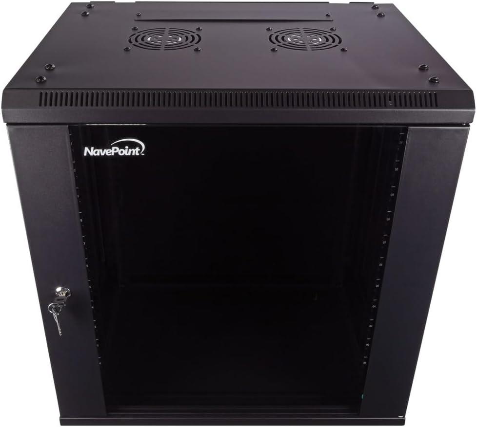 NavePoint 12U Server Cabinet Wall Mount Rack Enclosure Includes 2 Fans, Locking Glass Door, Removable Side Panels 12U Network Cabinet 17.7 Deep, 19 Inch Server Rack for IT and A/V Equipment, 12u - 450mm Depth