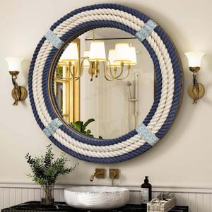 Nautical Round Rope Mirror - White Twisted Rope wall Hanging Mirror, Rustic Boho & Coastal Farmhouse Dcor for Bathroom, Bedroom, Nursery, or Entryway 24"L x 24"W