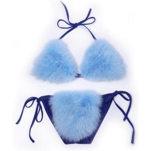 ZOSCGJMY Women's Faux Fur Halter String Triangle Bikini Sets Two Piece Swimsuits (Light Blue) One Size