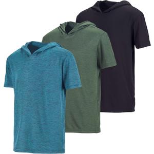 3 x Real Essentials 3 Pack: Boys Dry-Fit Youth Teen Active Athletic Short Sleeve Workout Hoodie - Hooded Pullover Shirts (XL)