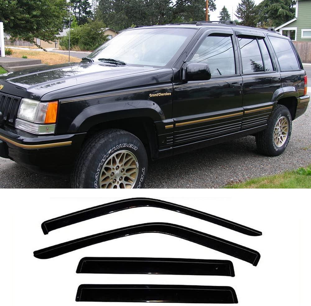 Side Window Visor Vent Deflector,Outside Mount Tape-on Shatterproof Sun Rain Guard fit for 1993-1998 Jeep Grand Cherokee,Dark Smoke 4pc Window Shades 94320