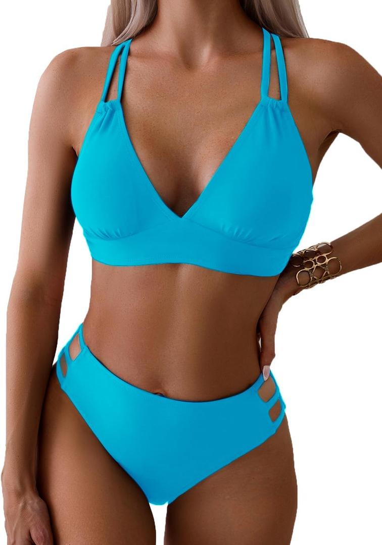 Tainehs Women's Push Up V Neck Bikini Sets Criss Cross Back Two Piece Bathing Suit (Large, Lake Blue)