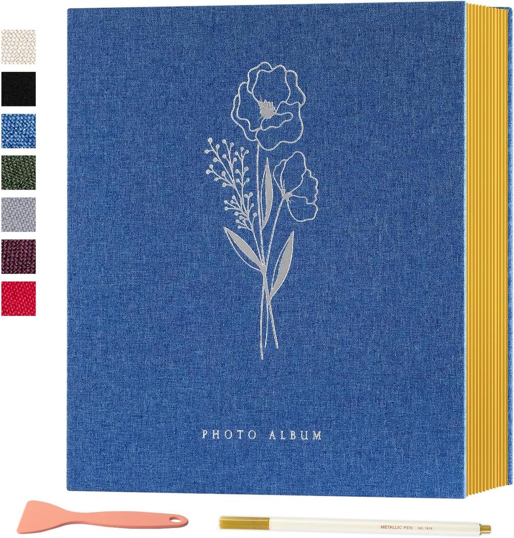 Lanpn Self Adhesive Photo Album Scrapbook 80 Pages, Linen Photos Albums DIY Sticky Magnetic Pages holds 4X6 7x5 A5 Picture for Family Wedding Birthday (Large-40 Sheets/ 80 Pages, Blue)