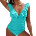 SOCIALA Women's Ruffle One Piece Swimsuits Sexy Deep V Neck Tummy Control Ruched Bathing Suit Monokini Swimwear Aqua XS (Green, S)