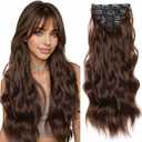 Clip in Hair Extensions 4Pcs Thick Double Invisible Lace Weft Synthetic Hairpieces 22 Inch Wavy Hair Extensions Clip Ins for Women(Chocolate Brown)