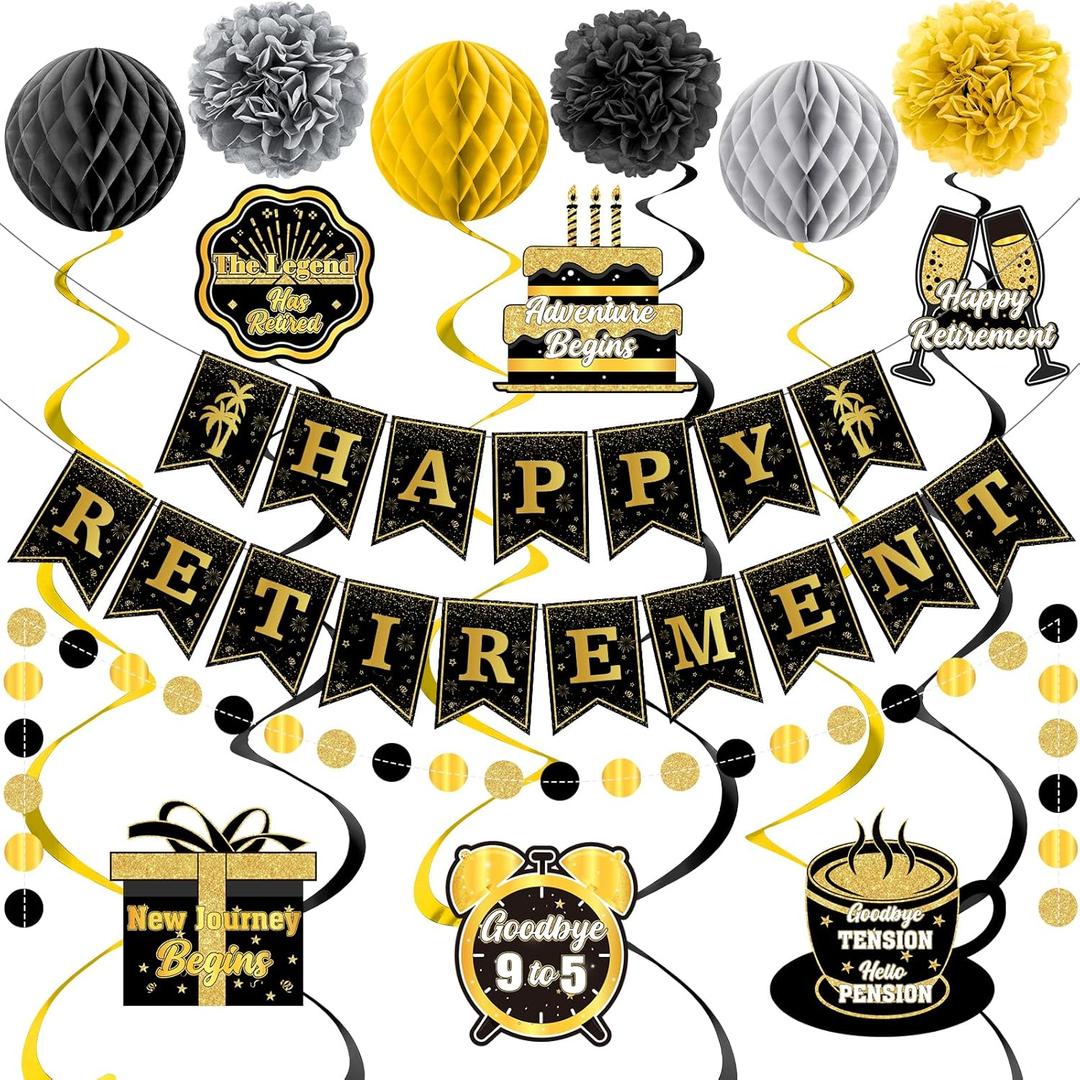 Retirement Party Decorations Black Gold Happy Retirement Banner with Paper Pom Poms Honeycomb Balls Hanging Swirl and Glitter Circle Dot Garland for Men Women Employee Farewell Going Away Party Decor