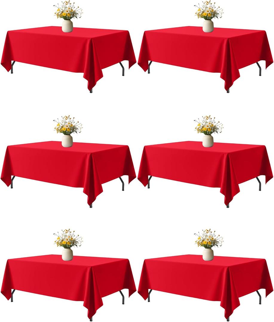 Red Fabric Rectangle Table Cloth - 6 Pack, 60"  102" Washable Tablecloth for 5FT Tables, Wrinkle-Resistant & Heat-Proof Table Cover for Weddings, Dinners & Parties