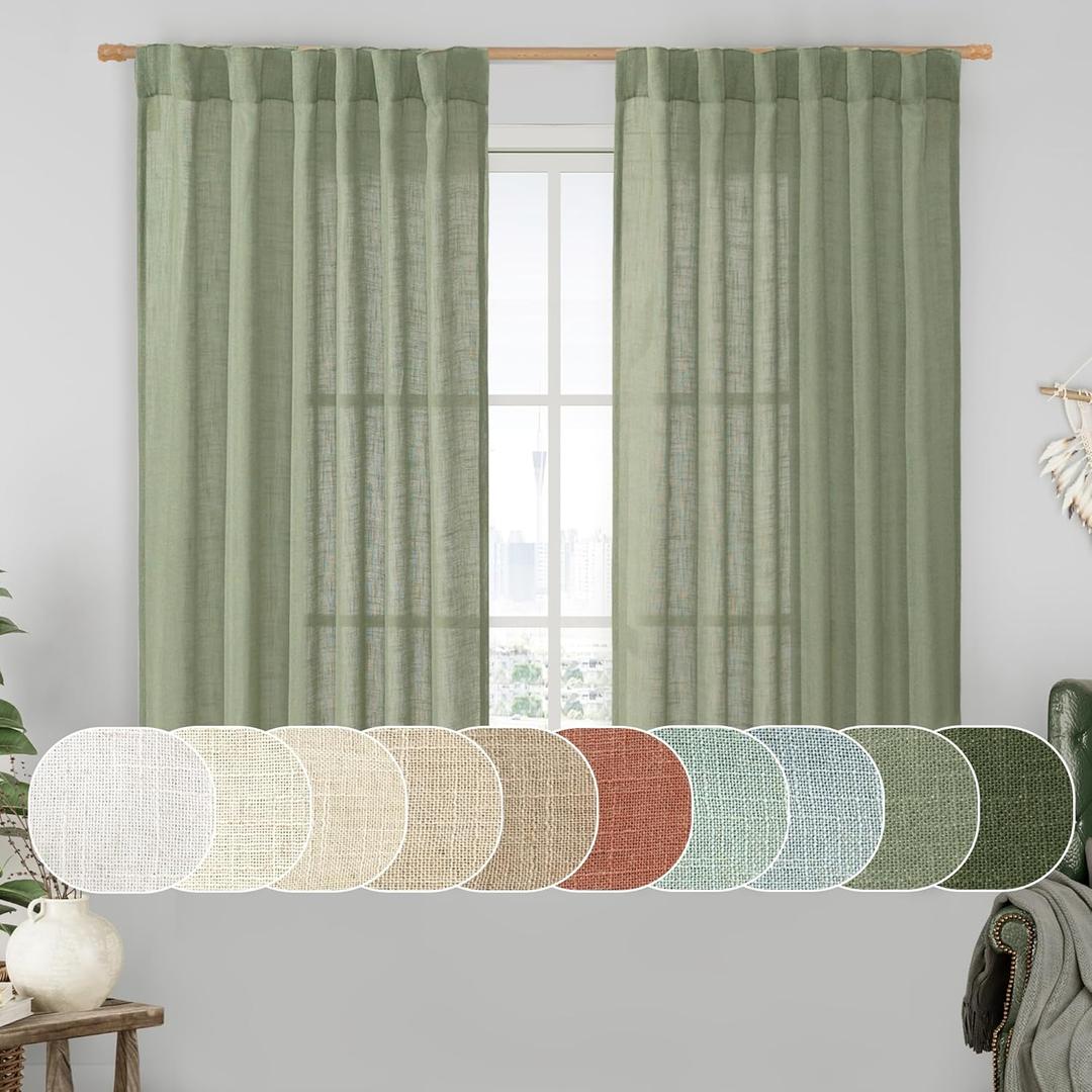 LAMIT Semi Sheer Linen Curtains 45 Inches Long 2 Panels, Sage Green Light Filtering Panels Back Tab and Rod Pocket Neutral Drapes for Kitchen/Window/Bedroom, 52 x 45 Inch (52"W x 45"L (Pack of 2))