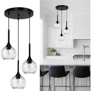 JHLBYL 3-Light Pendant Light Fixtures Modern Glass Kitchen Island Lighting with Hammered Glass Adjustable Hanging Dining Room Chandelier Light Fixtures Over Table