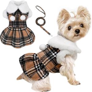 XXS Dog Sweater with Leash Set D Ring Plaid Fleece Puppy Clothes for Small Dogs Girl Boy Winter Pet Dress Cold Weather Coat Winter Sweater for Chihuahua Yorkie Cat Doggie Costumes, Khaki, XXS