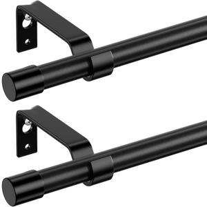 Curtain Rods for Windows 28 to 48 inch, Black Curtain Rod 2 Pack, 5/8" Diameter Metal Curtain Rod Set of 2 with Brackets, Splicing Adjustable Curtain Rod for Bedroom, Living Room, Kitchen, Black
