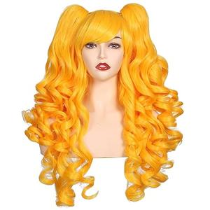 ColorGround Long Curly Cosplay Wig with 2 Ponytails (Yellow)