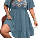 Verdusa Women's Plus Size Western Boho Floral Dress Cowgirl Country Concert Vacation Outfits Flowy Summer Dresses, 0XL, Dusty Blue