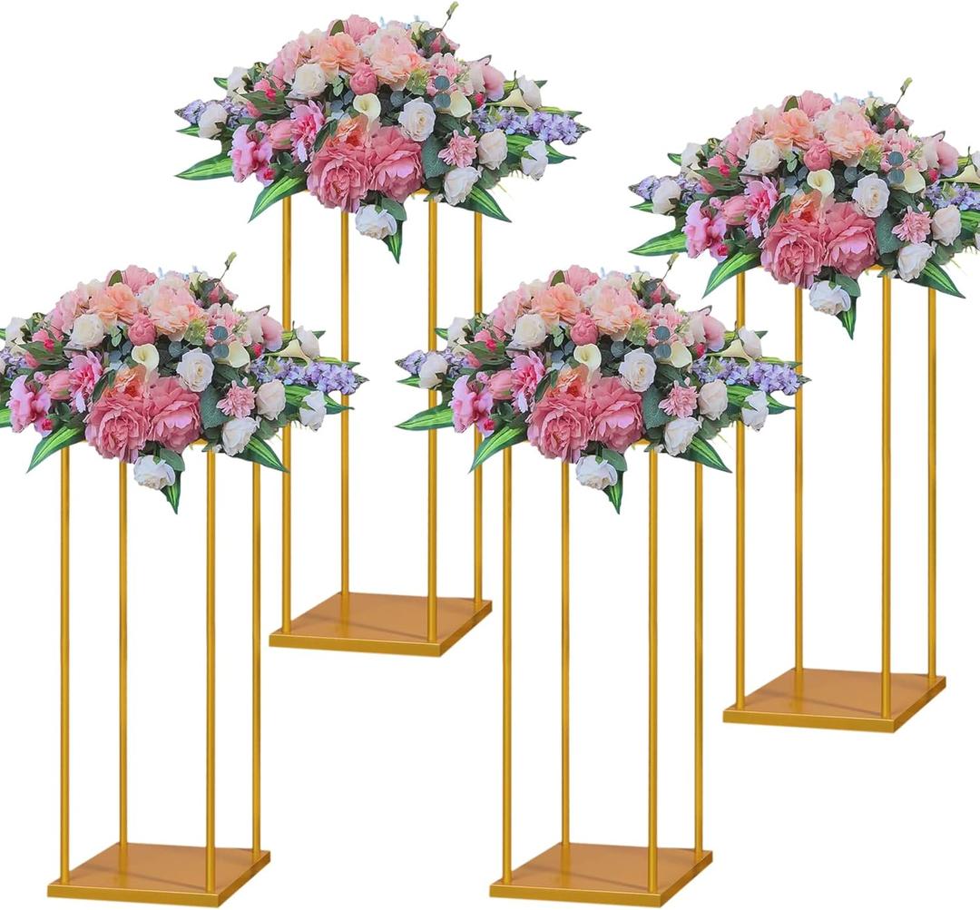 YALLOVE Gold Flower Stand Set of 4, 23.6 Inch Tall Metal Square Centerpieces for Wedding Reception Table Decoration, Plant Display Rack at Home, Geometric Flower Holder with Top and Bottom Plate