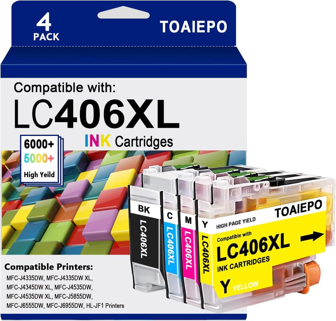 LC406XL Ink Cartridge Replacement for Brother LC406 High Yield Ink Cartridges Work with Brother MFC-J4535DW MFC-J4335DW MFC-J5855DW MFC-J6555DW Printer, 4 Pack