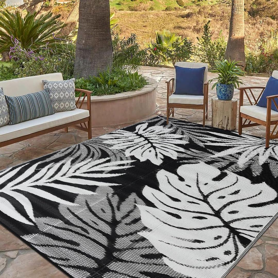 Outdoor Rug 9x12 ft Waterproof, Reversible Outdoor Plastic Straw Rug for Patios Clearance, Outdoor Area Rug Carpet RV Mat for Camping Backyard Deck Porch (Black&White-Leaves)
